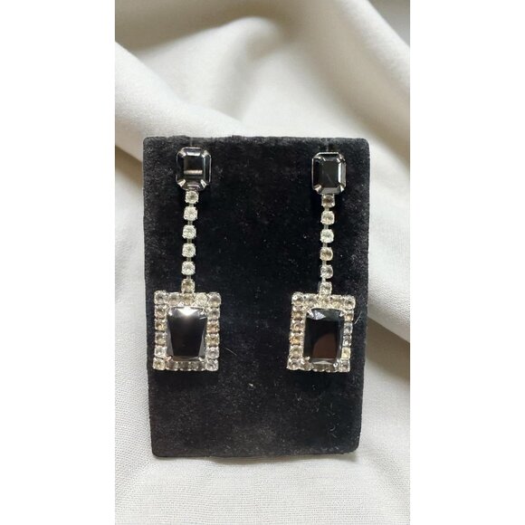 Vintage Art Deco-Style Black & Clear Rhinestone Dangle Earrings - Picture 4 of 6
